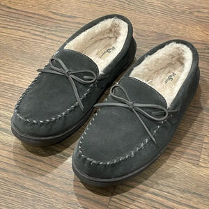 My Slippers Men’s Moccasin Hard sole Grey Slippers 9 leather upper faux fur